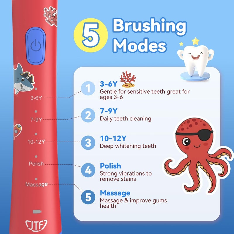 JTF Kids Electric Toothbrush Rechargeable: Sonic Tooth Brush with Smart Timer 5 Brushing Modes 4 Soft Small Brush Heads DIY Sticker and IPX7 Waterproof, Portable Children Toothbrushes for Boy, Ages 3+ - Image 4
